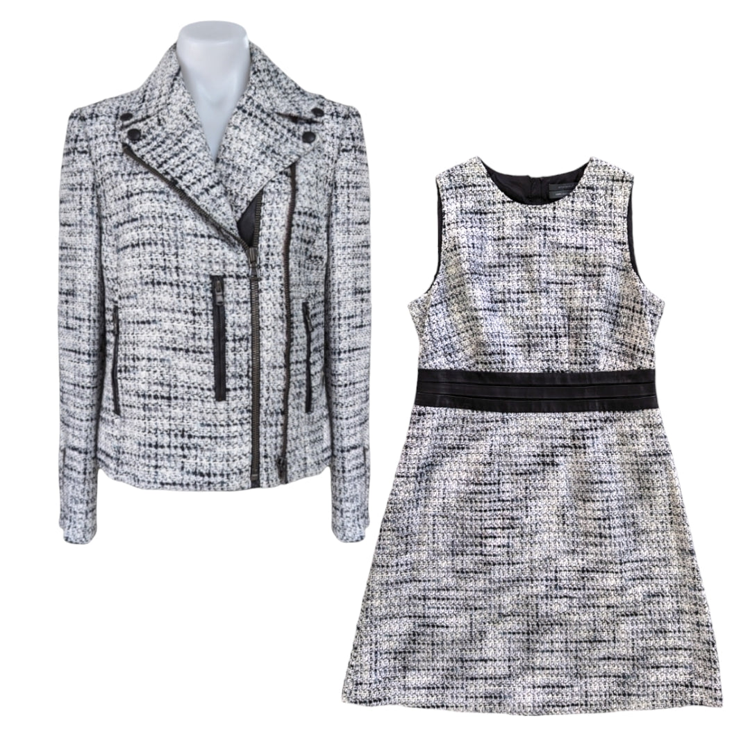 Arthur Galan Boucle Leather Trim Dress and Biker Jacket