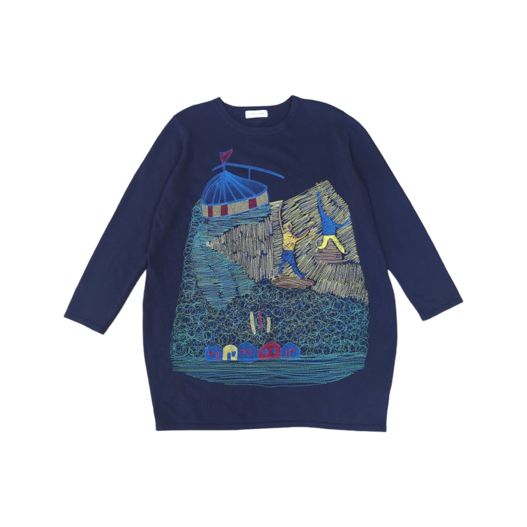 Celine Embroidered Navy Blue Sweater