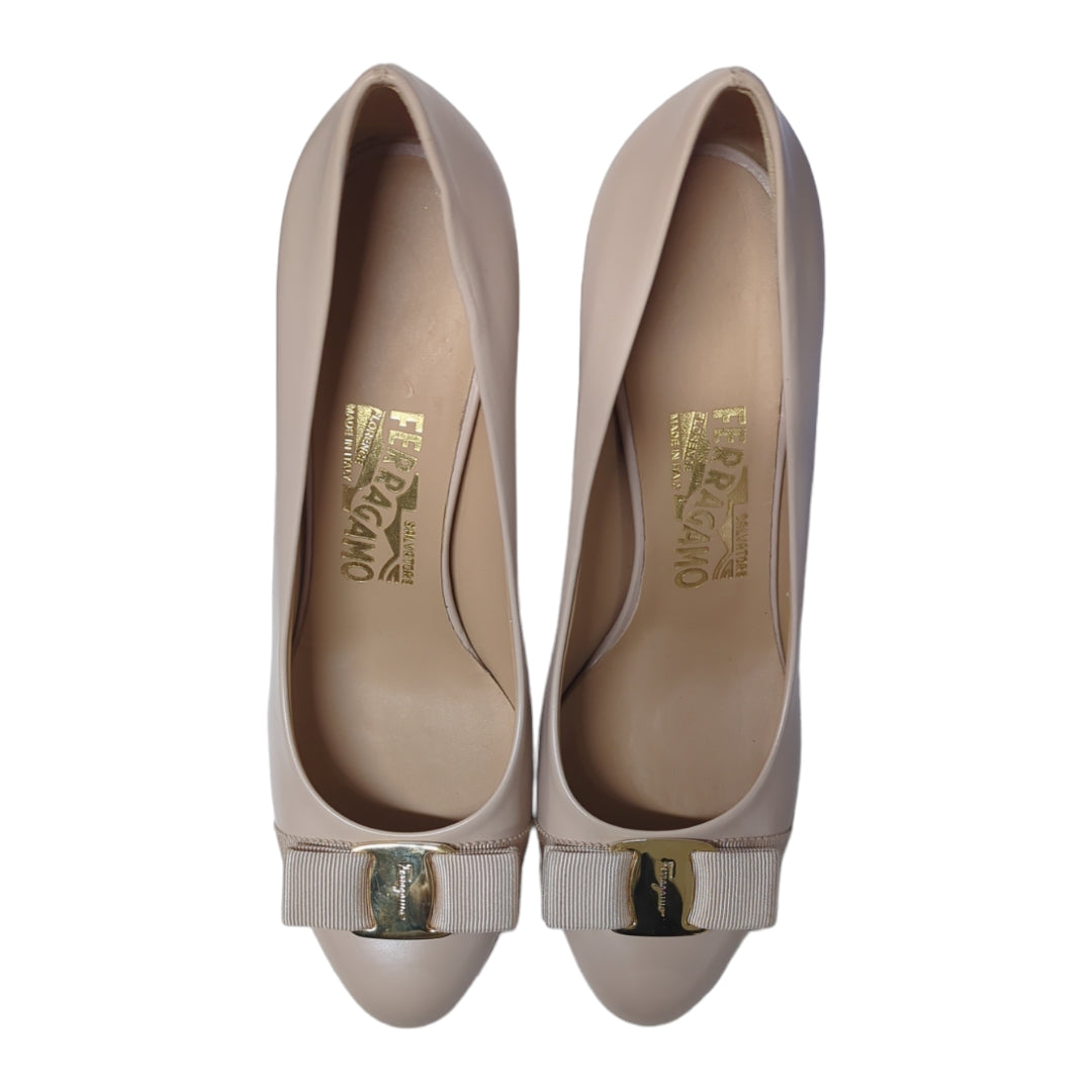 Salvator Ferragamo Nude Leather Vara Bow Pumps