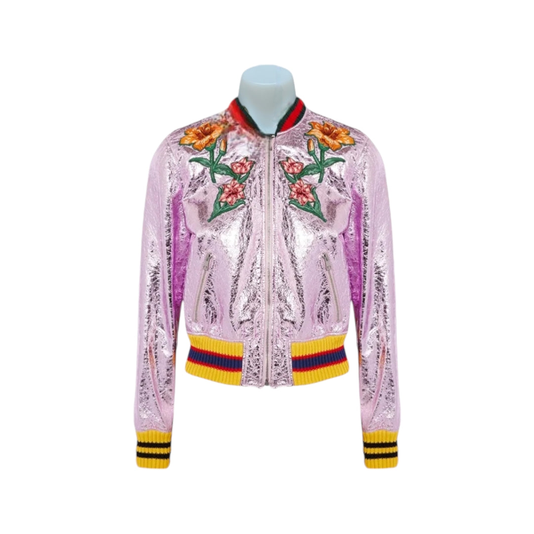 Gucci Metallic Crinkle Leather Embroidered Bomber Jacket