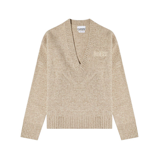 GANNI Logo V-Neck Chunky Knit
